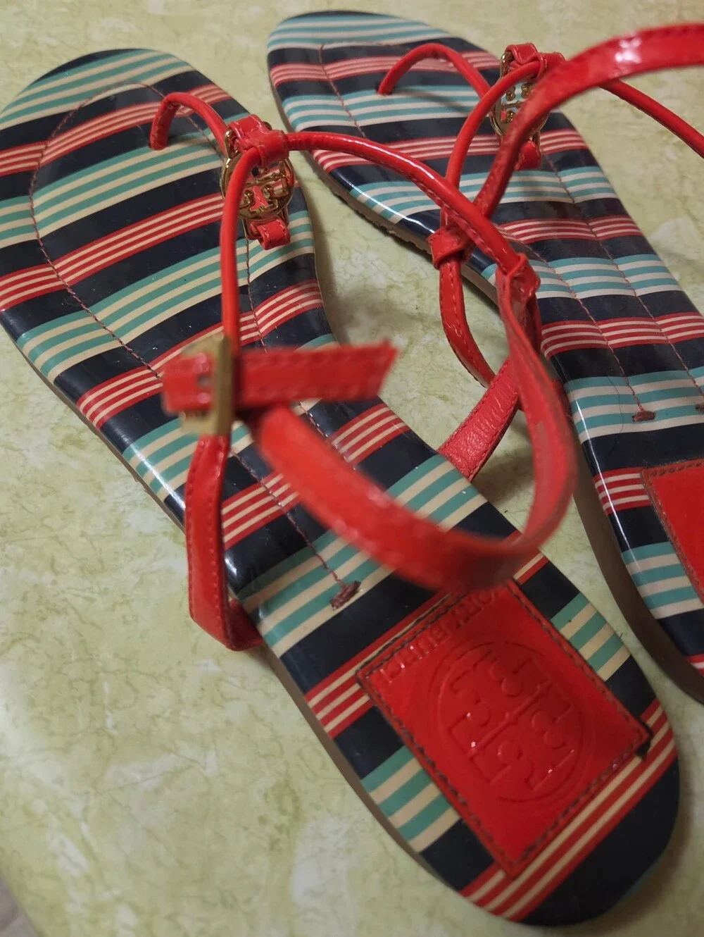 Tory Burch Red Strap Blue & Red Striped Footbed Sandals